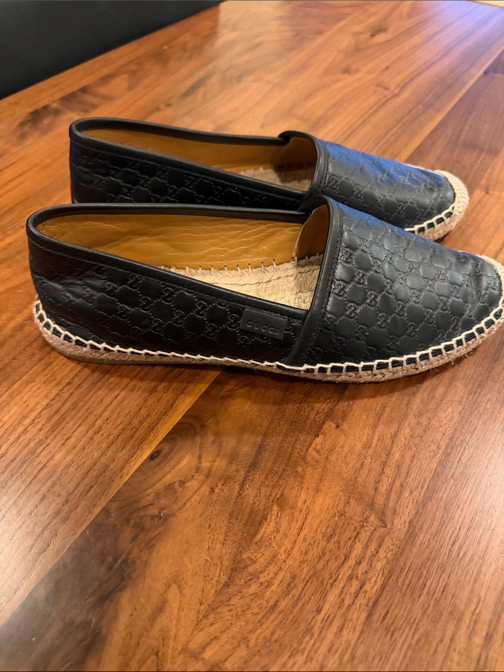 Gucci Black Embossed Leather Espadrille Slip-Ons 37.5